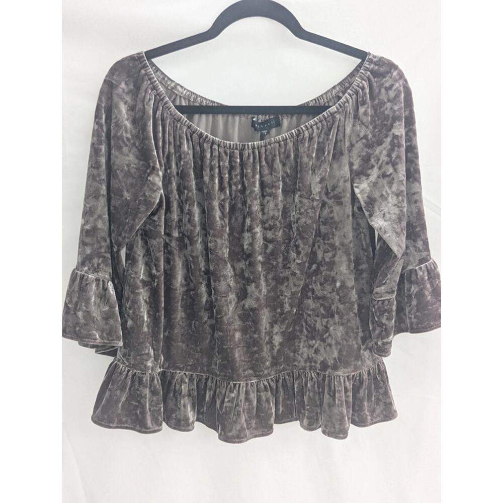 Sanctuary Soft Velvet Peplum Top Bell Sleeve Taupe Gray Boho Blouse Size Small